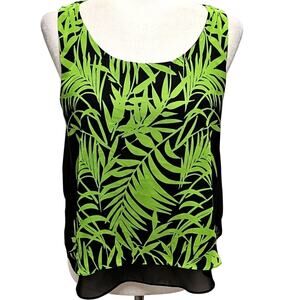 Bisou Bisou Michele Bohbot Womens Black Neon Green Tropical Sheer Lined Top M